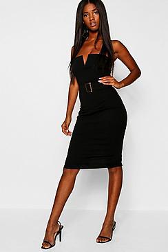 Boohoo Gold Buckle V Bar Bodycon Midi Dress