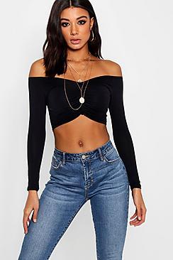 Boohoo Jasmine Slinky Ruched Front Long Sleeve Crop