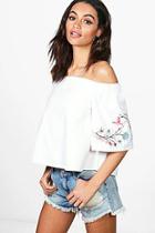 Boohoo Maisie Embroidered Off The Shoulder Denim Top