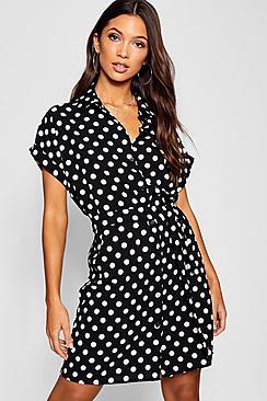 Boohoo Woven Polka Dot Belted Shirt Dress