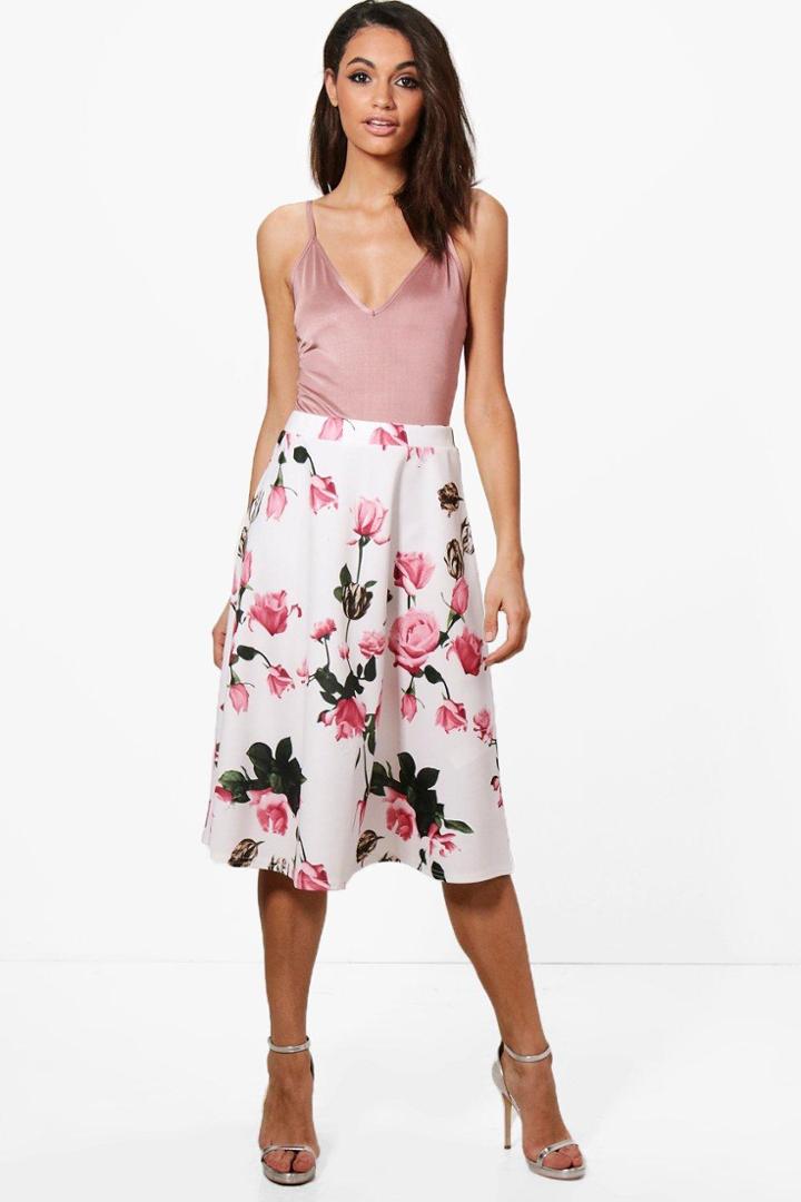 Boohoo Kate Summer Floral Full Midi Skirt Ivory