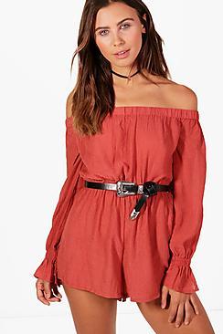 Boohoo Petite Imogen Shirred Off The Shoulder Playsuit