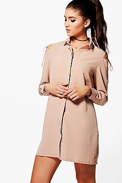 Boohoo Georgia Cold Shoulder Tie Detail Shirt Dress