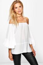 Boohoo Emma Cold Shoulder Ruffle Sleeve Top White
