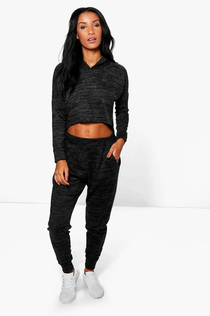 Boohoo Olivia Dip Hem Hoody & Jogger Lounge Set Black