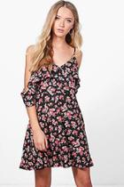 Boohoo Coral Frill V Neck Cold Shoulder Tea Dress