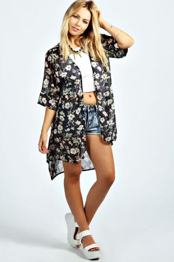 Boohoo Georgia Longline Floral Woven Kimono - Navy