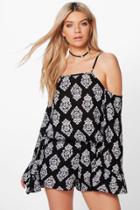 Boohoo Kelly Cold Shoulder Flare Sleeve Printed Playsuit Black