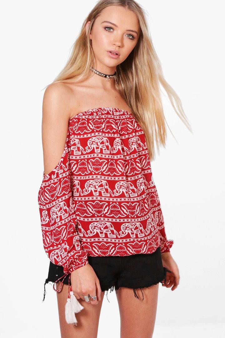 Boohoo Louise Elephant Print Off The Shoulder Top Multi