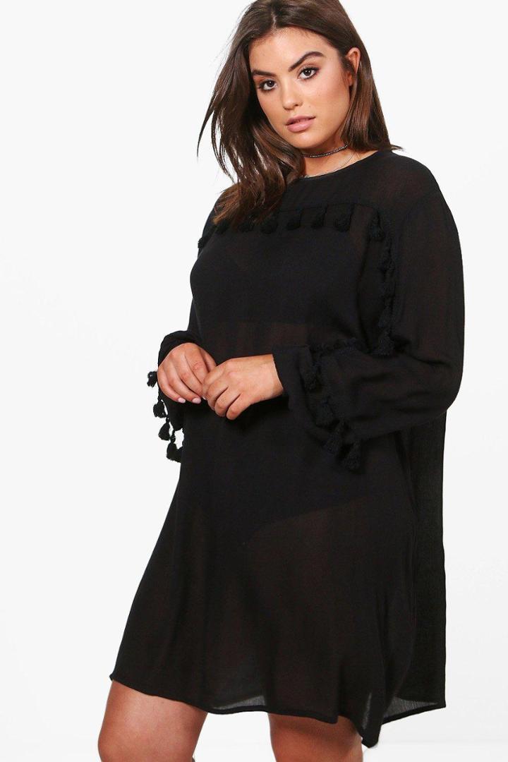 Boohoo Plus Rachel Tassel Front Shift Dress Black
