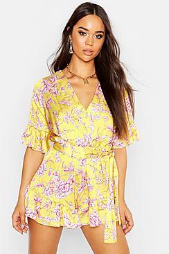 Boohoo Ruffle Detail Floral Print Playsuit