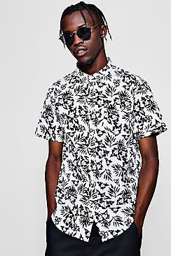 Boohoo Mono Floral Print Short Sleeve Cotton Shirt