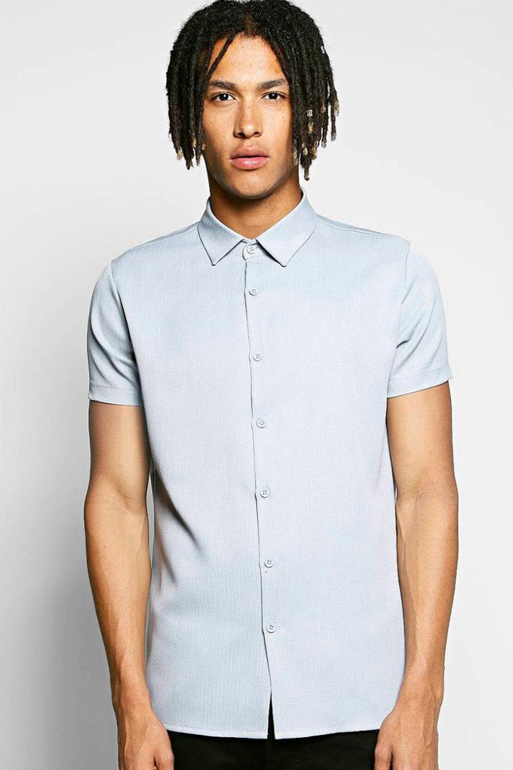 Boohoo Herringbone Texture Short Sleeve Shirt Grey