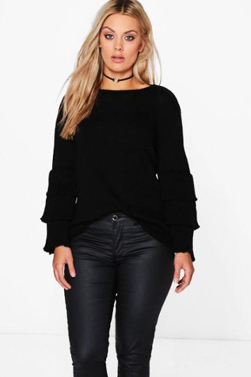 Boohoo Plus Cesca Ruffle Sleeve Jumper Black