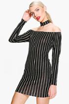 Boohoo Ro Choker Striped Off Shoulder Shift Dress Black