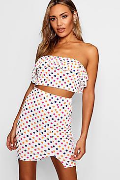 Boohoo Leah Rainbow Polka Dot Ruffle Bardot Top