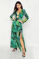 Boohoo O Ring Plunge Front Palm Print Maxi Dress