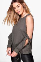 Boohoo Petite Becca Cut Out Tie Sleeve Rib Top Khaki