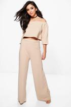 Boohoo Justine Off The Shoulder Crop Wide Leg Co-ord Stone
