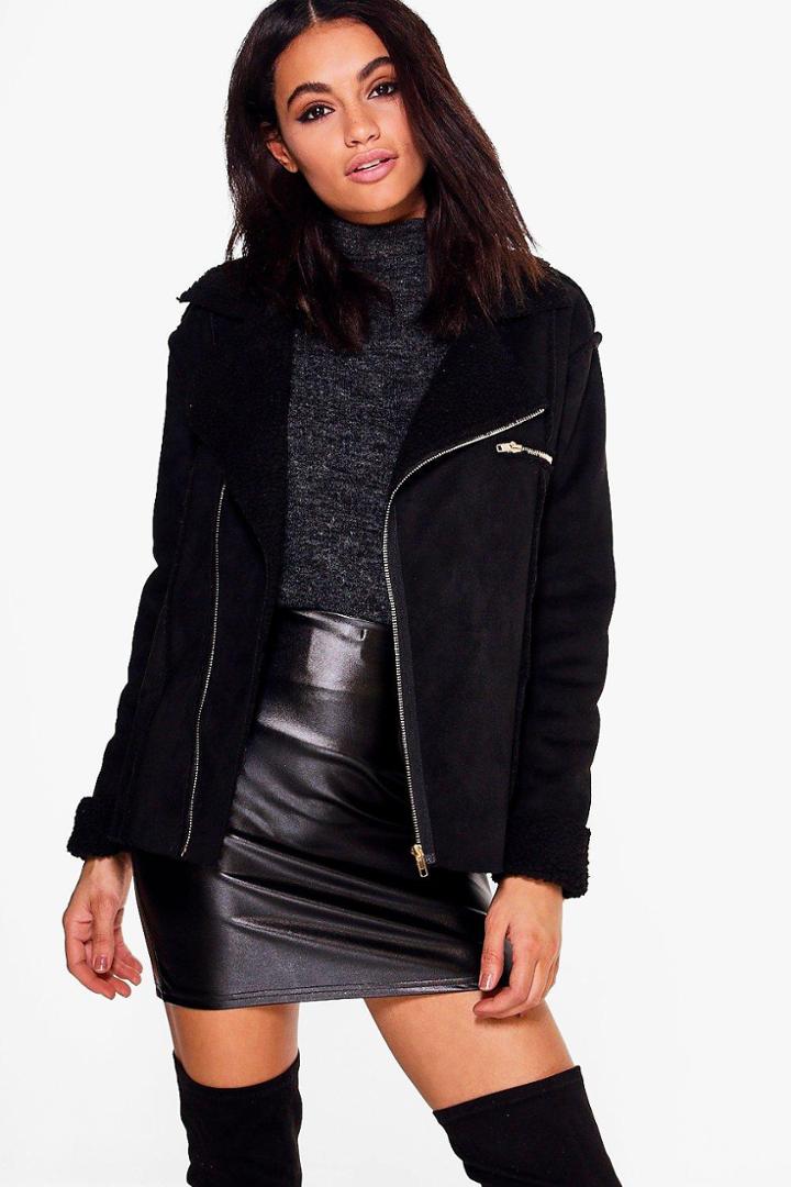 Boohoo Lexi Boutique Bonded Biker Jacket Black