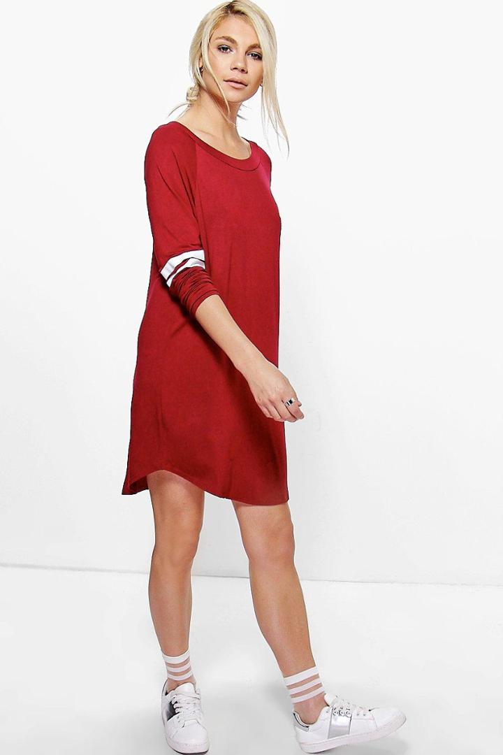 Boohoo Elisha Long Sleeve Baseball Shift Dress Wine