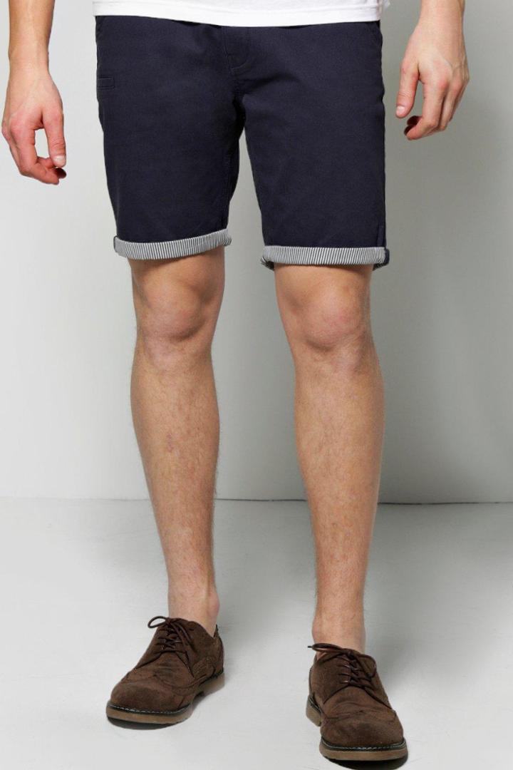 Boohoo Chino Shorts With Stripe Turn Up Navy