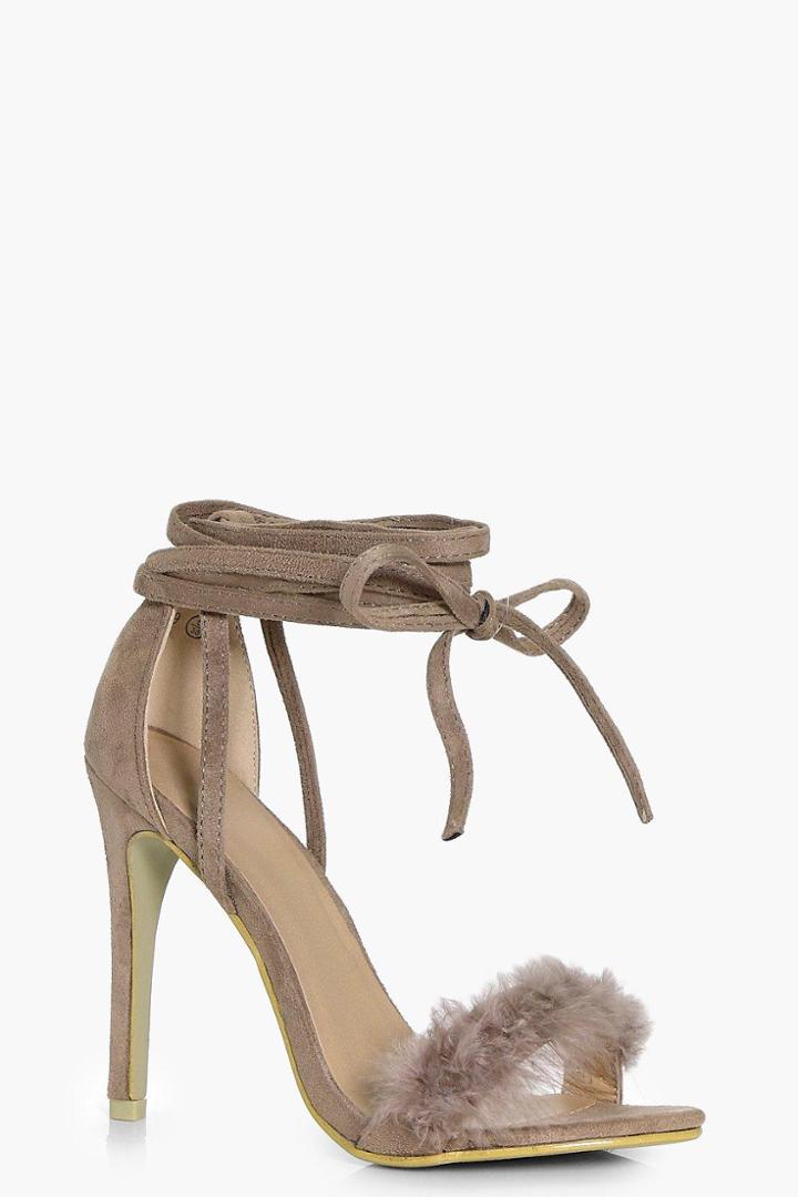 Boohoo Kayla Faux Feather Wrap Strap Heels Mocha