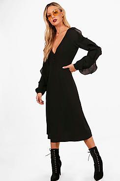 Boohoo Jessie Ruffle Sleeve Woven Midi Dress