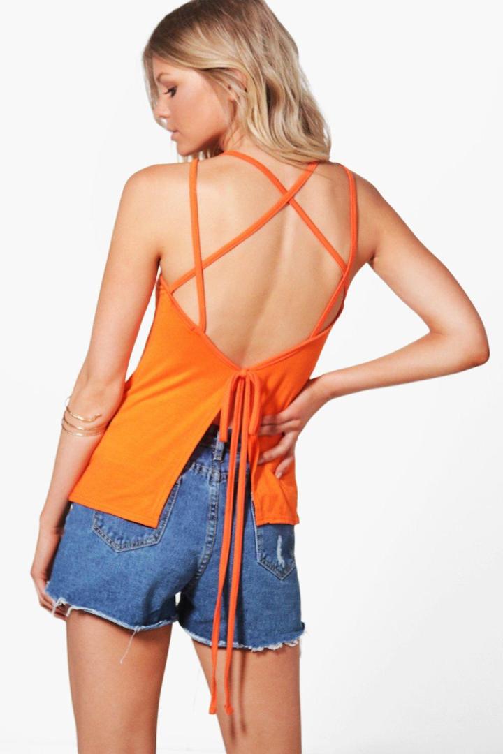 Boohoo Petite Sarah Strappy Tie Back Cami Orange
