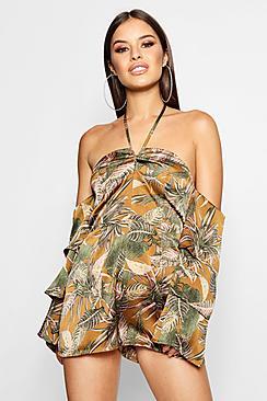 Boohoo Petite Alana Satin Printed Bardot Playsuit