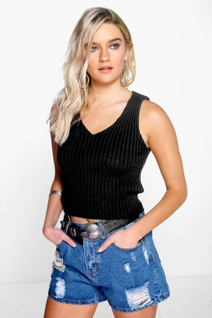 Boohoo Abigail Plunge Neck Rib Knit Tank Top Black