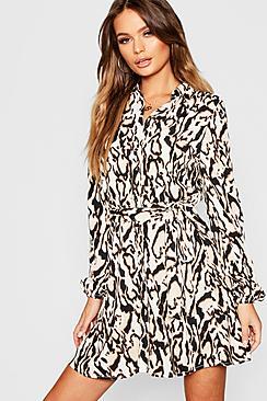 Boohoo Leopard Woven Tie Shirt Dress