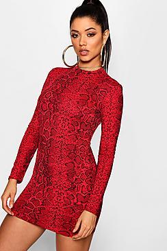 Boohoo Snake Print Roll Neck Mini Dress