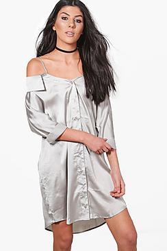 Boohoo Jackie Off Shoulder Collar Shirt Dress