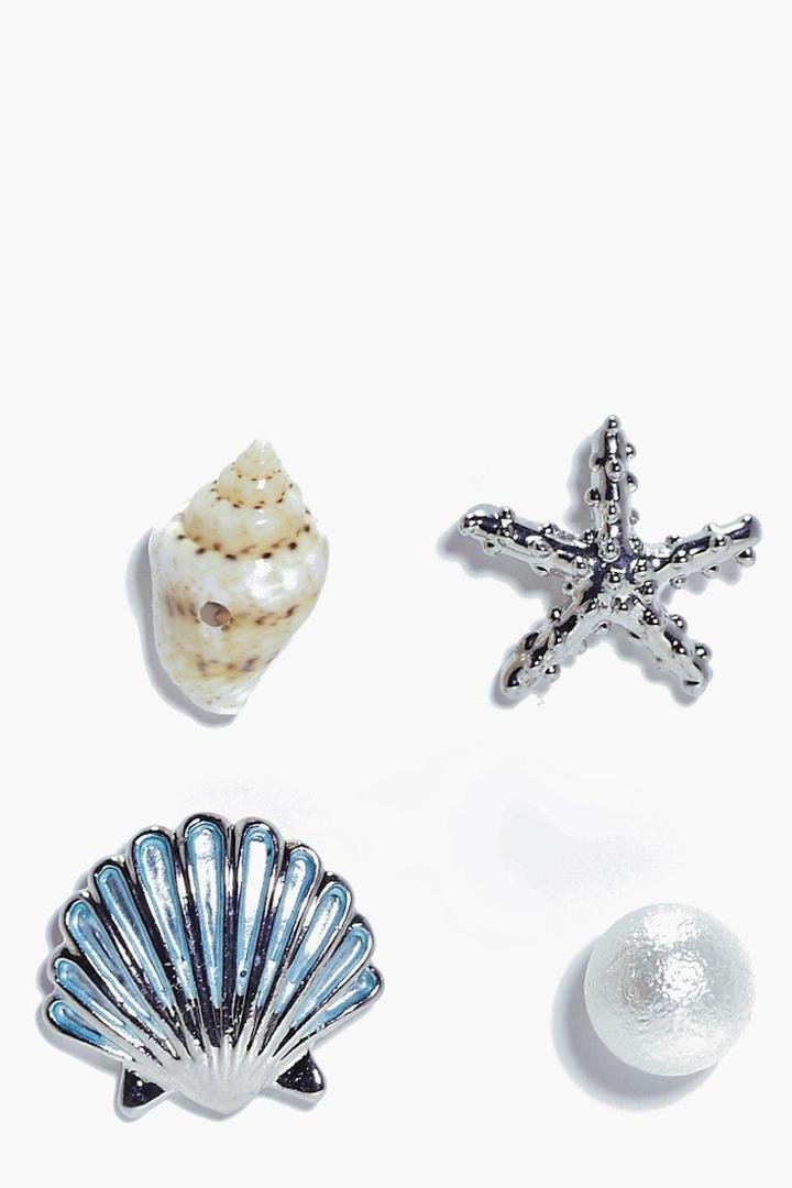 Boohoo Honey Shell & Starfish Mermaid Mixed 4 Earring Set Silver