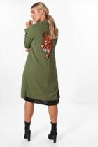 Boohoo Plus Katie Tiger Embroidered Duster Coat Khaki