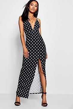 Boohoo Petite Polka Dot Plunge Maxi Dress