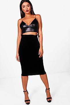 Boohoo Ruffle Waist Velvet Midi Skirt