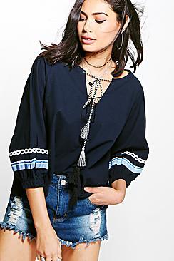 Boohoo Bailey Tie Neck Trim Sleeve Blouse