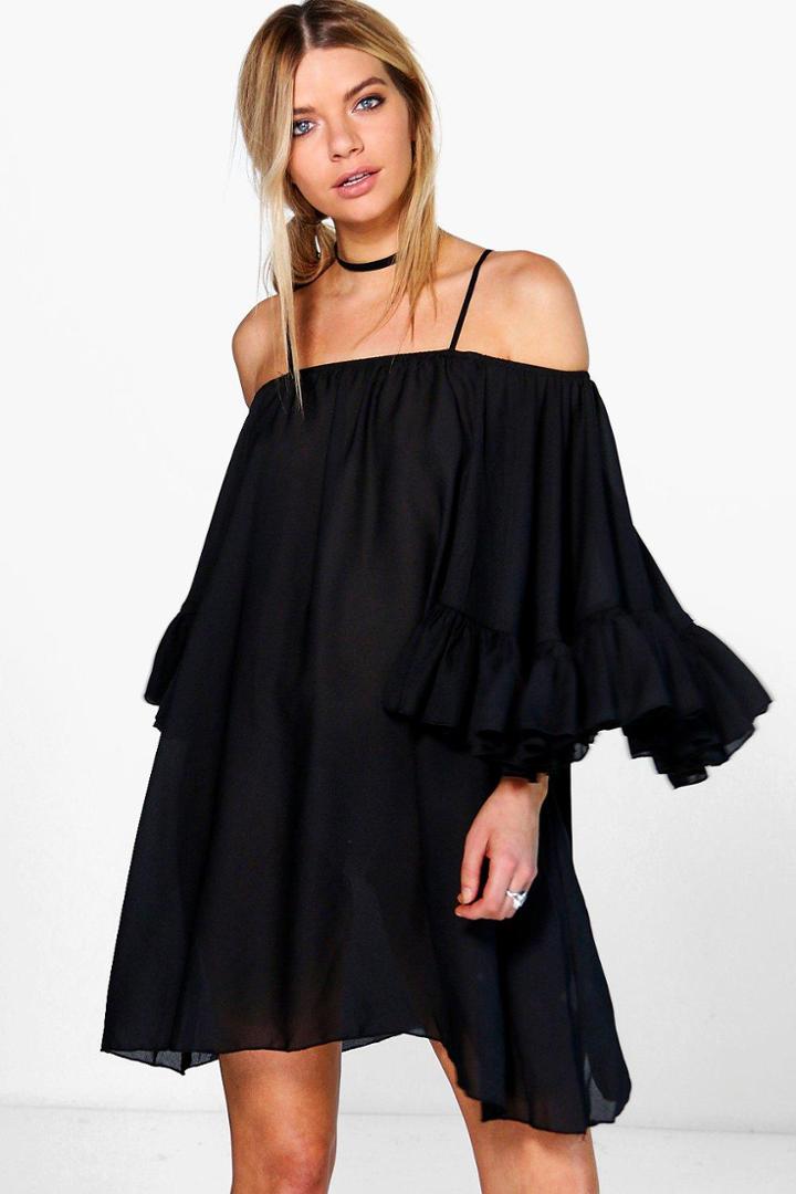 Boohoo Montana Bell Sleeve Cold Shoulder Dress Black