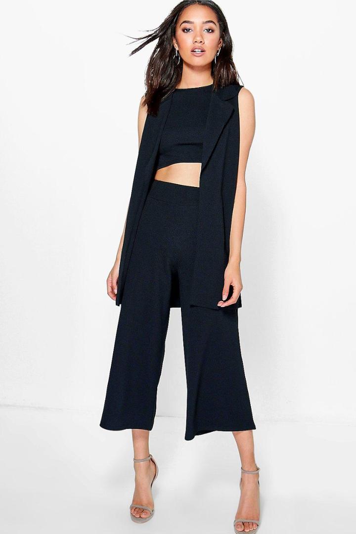 Boohoo Petite Roma 3 Piece Crop Culotte + Duster Co-ord Black