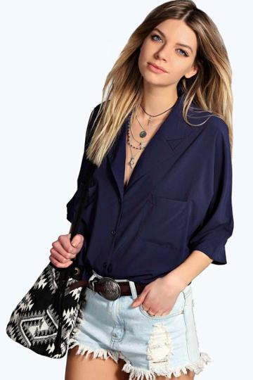 Boohoo Katherine Rever Collar Oversized Shirt Navy