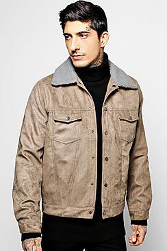 Boohoo Suedette Trucker Jacket With Borg Collar