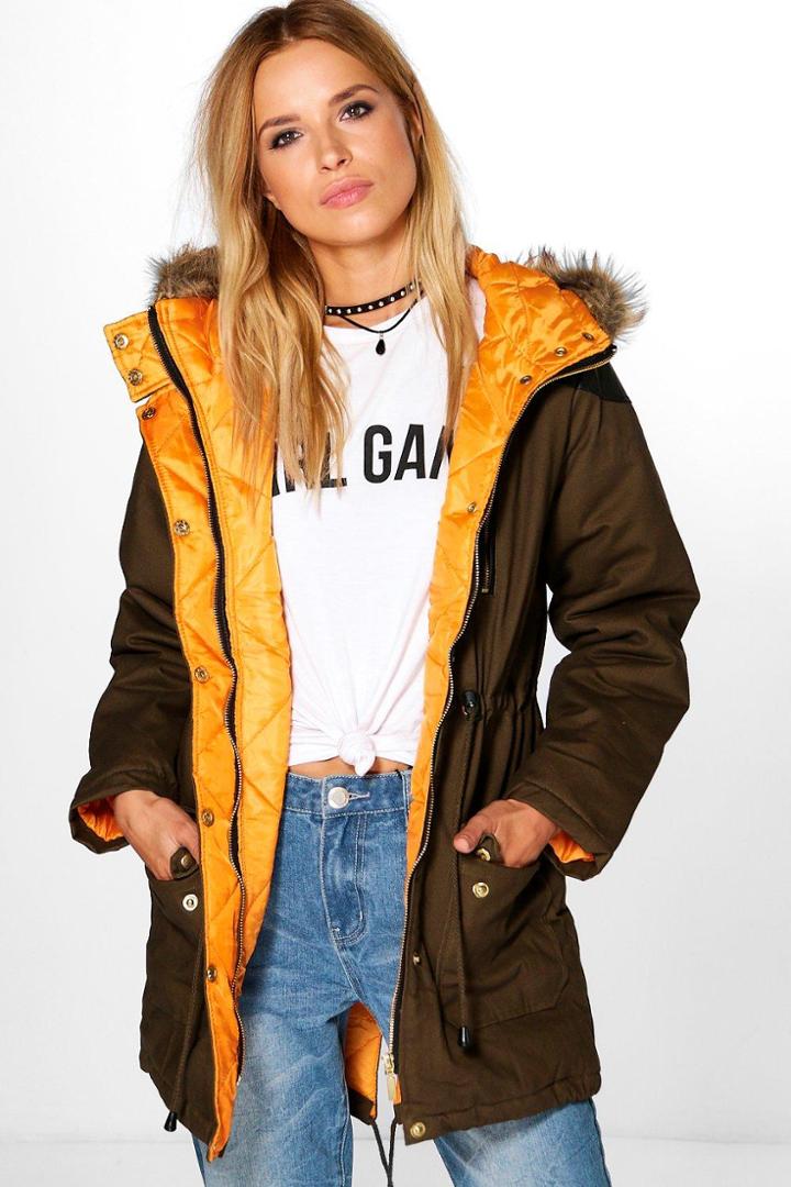 Boohoo Stephanie Faux Fur Trim Parka Khaki