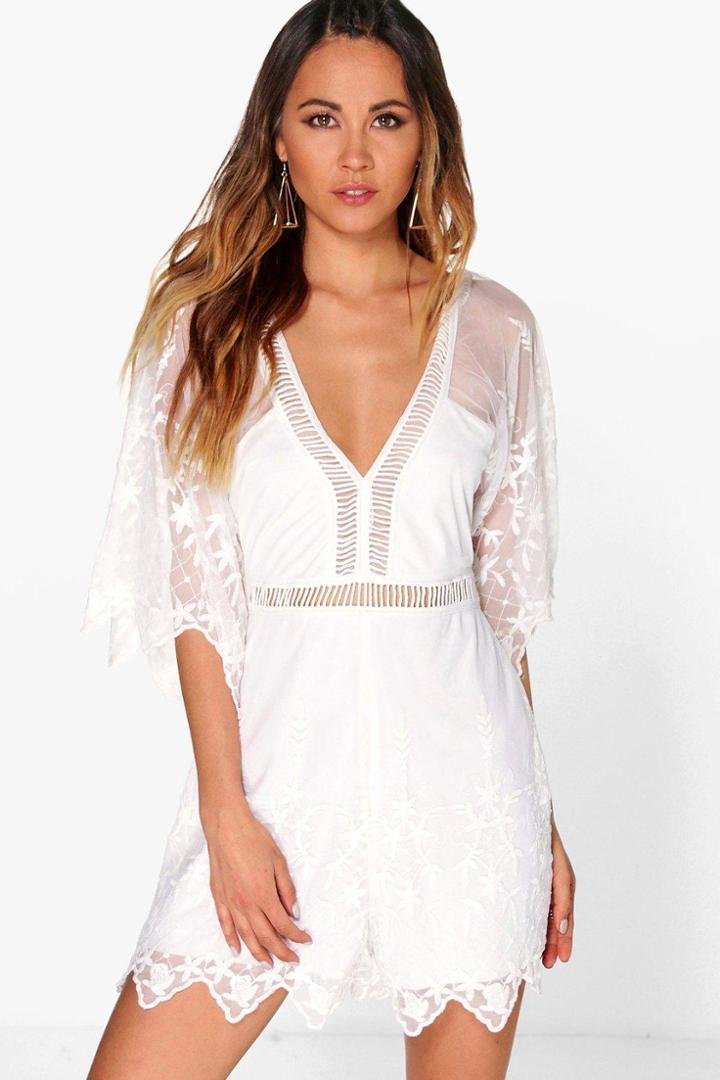 Boohoo Boutique Sandy Crochet Wide Sleeve Playsuit White