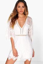 Boohoo Boutique Sandy Crochet Wide Sleeve Playsuit White