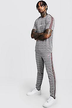 Boohoo Man Signature Check T-shirt & Jogger With Tape