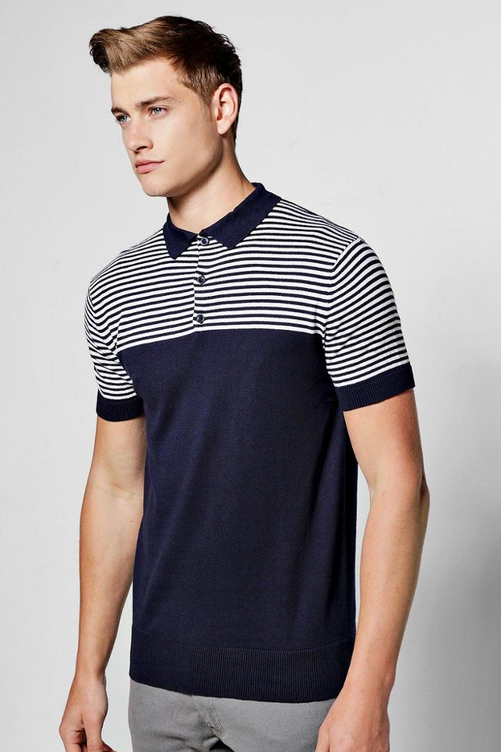 Boohoo Short Sleeve Knitted Polo With Contrast Stripe Yoke Navy