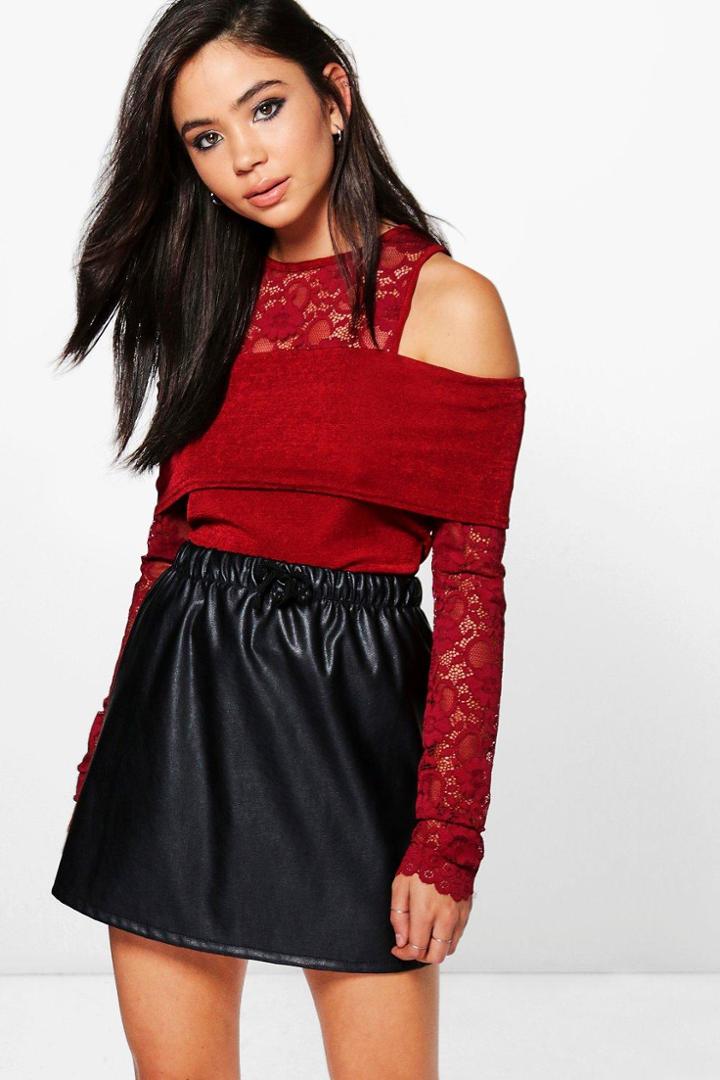 Boohoo Harriet Lace Cold Shoulder Top Wine