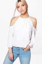 Boohoo Callie Pleated Cold Shoulder Tie Top White